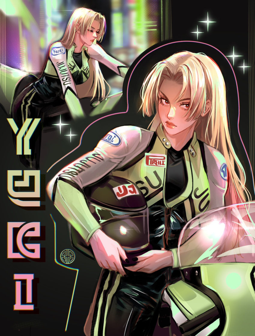 1girl, biker_clothes, bikesuit, black_nails, blonde_hair, bodysuit, bunnybelle22, closed_mouth