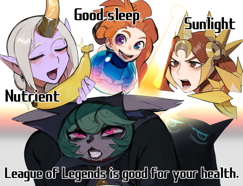 4girls, :d, anger_vein, animal_nose, aqua_hair, armor, bags_under_eyes, banana