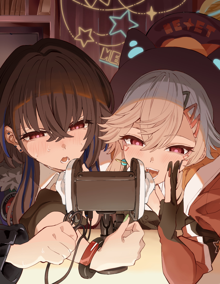 2girls, asmr, binaural_microphone, black_hair, blue_hair, blush, bracelet, ear_piercing