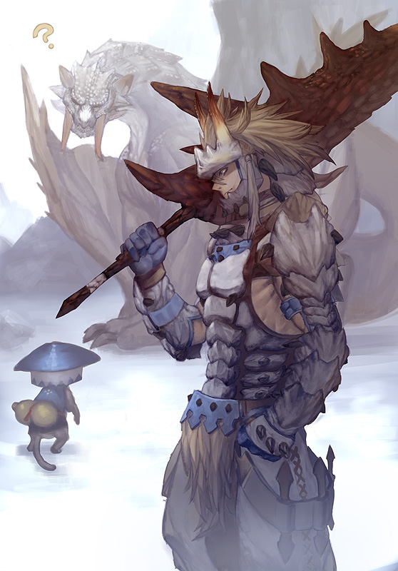 ?, armor, barioth, barioth_(armor), brown_hair, capcom, felyne, hat