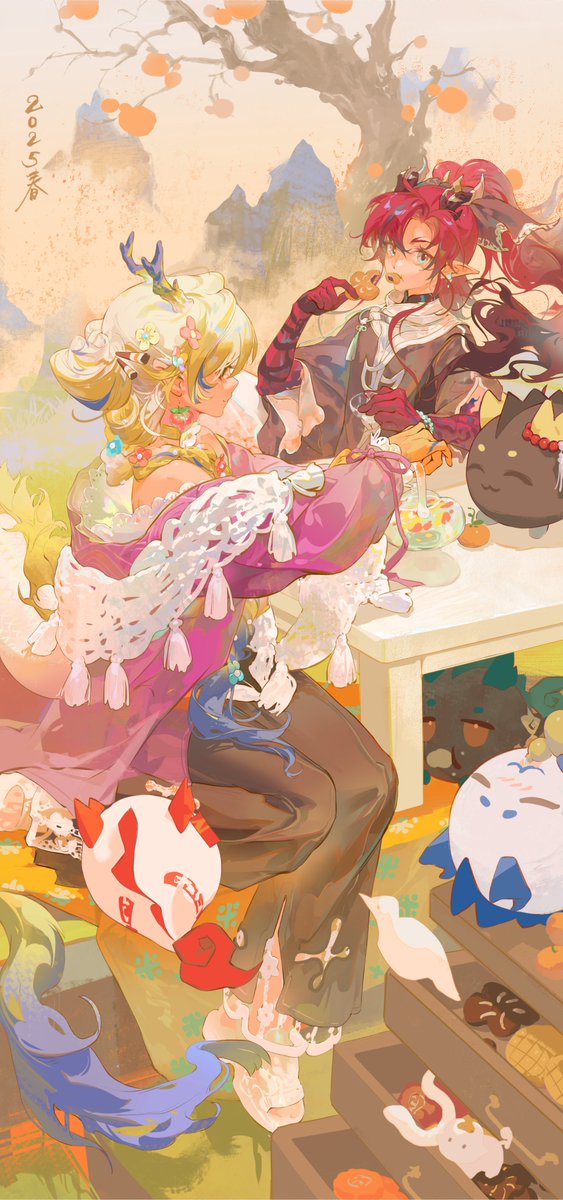 1boy, 1girl, ammmzhh1, arknights, bare_tree, black_pants, black_shirt, blonde_hair, blue_eyes, blue_hair, braid, chongyue_(arknights), closed_eyes, colored_extremities, colored_skin, commentary_request, cookie, dated, dragon_boy, dragon_bubble_(arknights), dragon_girl, dragon_horns, dragon_tail, dusk_(arknights), facing_away, flower, food, food_in_mouth, food_request, hair_flower, hair_ornament, highres, holding, holding_cookie, holding_food, horns, jacket, ling_(arknights), looking_at_viewer, mountain, multicolored_hair, nian_(arknights), outdoors, pants, pointy_ears, purple_jacket, red_hair, red_skirt, shawl, shirt, shu_(arknights), shu_(spring_feast)_(arknights), sitting, skirt, tail, tree, yellow_skin, yu_(arknights)