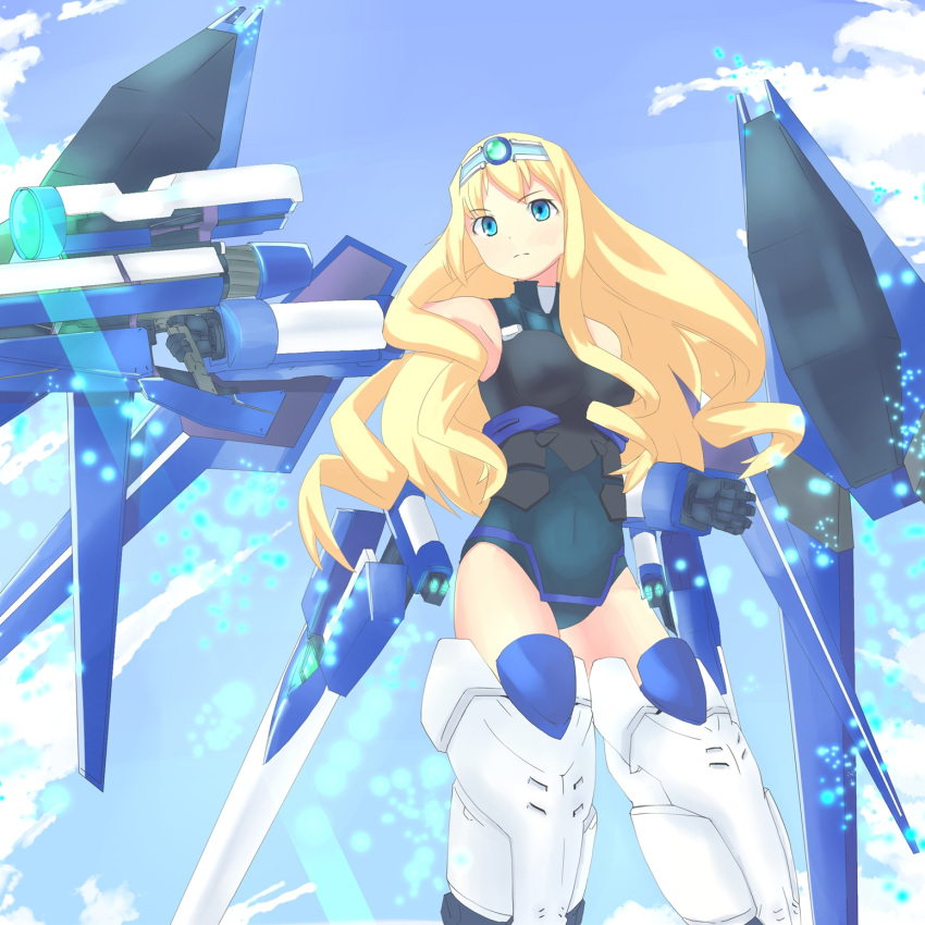 artist_request, blue_eyes, blue_tears, bodysuit, cecilia_alcott, curly_hair, drill_hair, eichisu, hairband, highres, infinite_stratos, long_hair, mecha_musume, myojo999, pilot_suit, solo