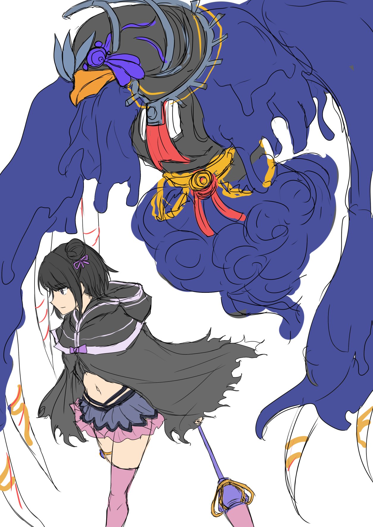 1girl, black_hair, cape, character_request, doppel_(madoka_magica), gkgk2gk22, hair_bun, highres