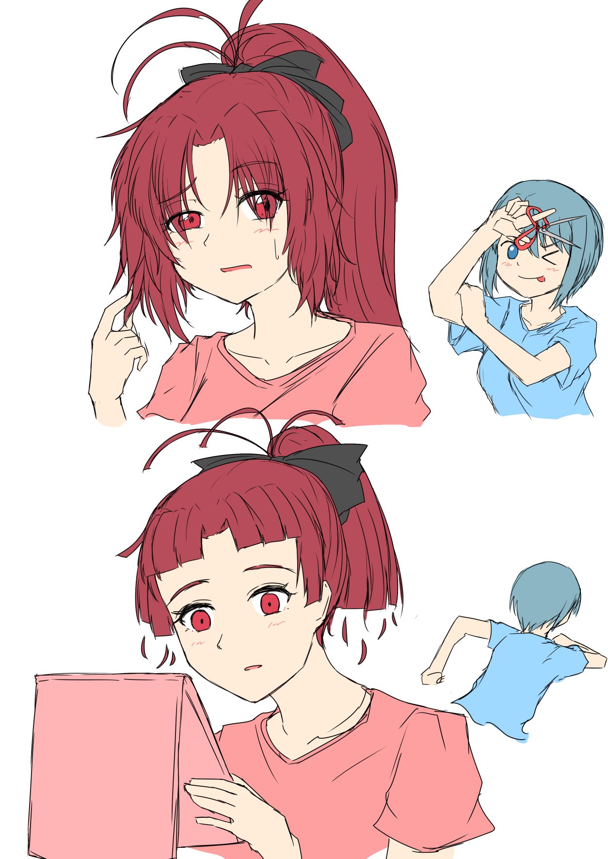 2girls, blue_eyes, blue_hair, blue_shirt, cutting_hair, gkgk2gk22, highres, holding