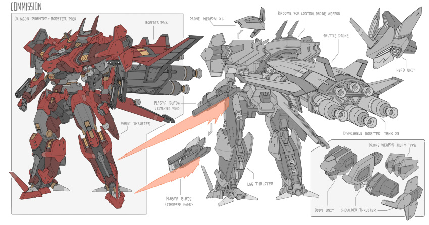 absurdres, arm_mounted_weapon, arrow_(symbol), booster_rocket, concept_art, drone, energy_sword, english_commentary