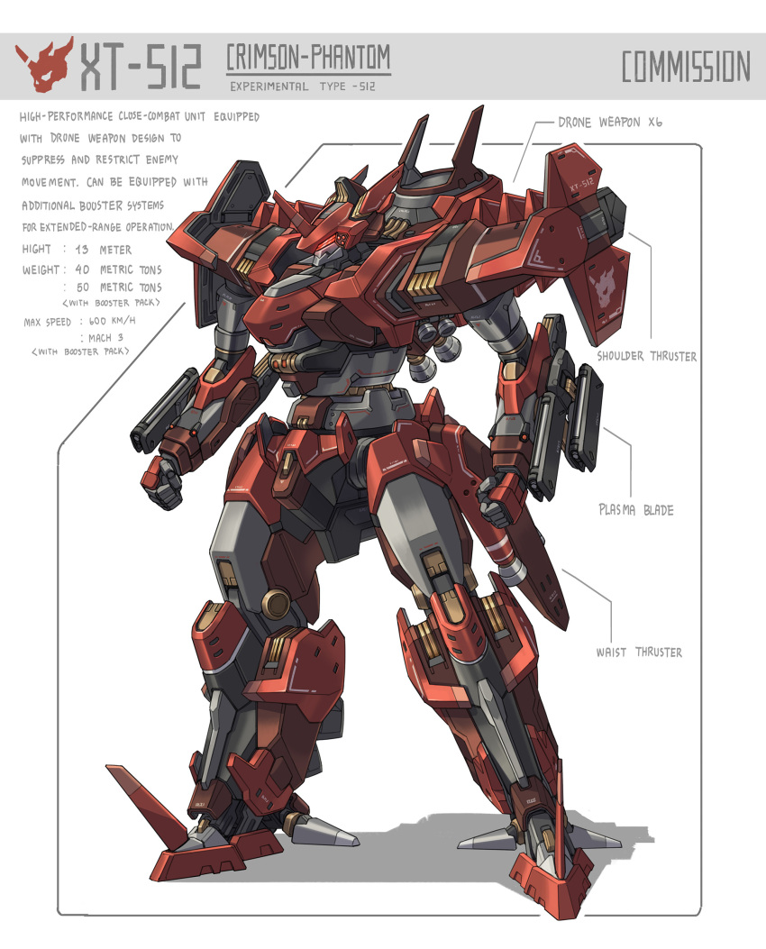 absurdres, arm_mounted_weapon, concept_art, decal, english_commentary, english_text, glowing, glowing_eyes