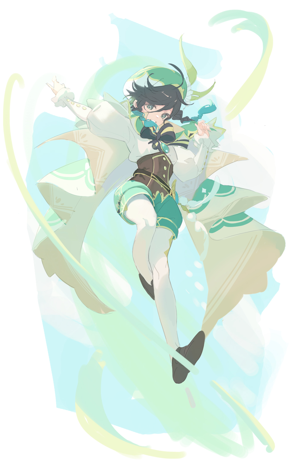 1girl, ahoge, black_footwear, black_hair, blue_background, braid, clouds, commentary_request