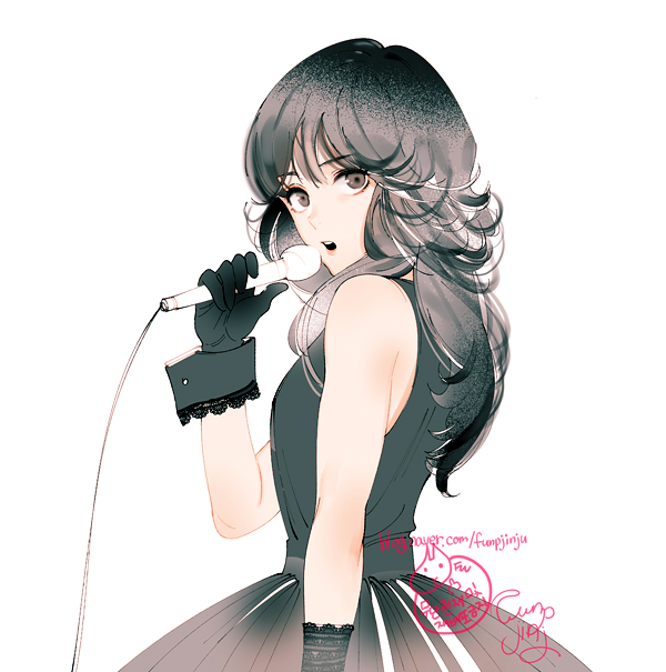 1girl, black_dress, black_gloves, black_hair, blunt_bangs, commentary_request, dress, funpjinju, gloves, holding, holding_microphone, long_hair, looking_at_viewer, microphone, nakamori_akina, open_mouth, profile, real_life, simple_background, sleeveless, sleeveless_dress, solo, upper_body, white_background