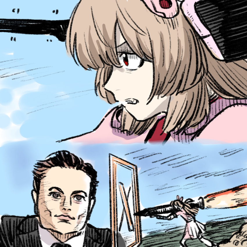 1boy, 1girl, brown_hair, clenched_teeth, elon_musk, highres, kajika_(kazika_mtk16), missile