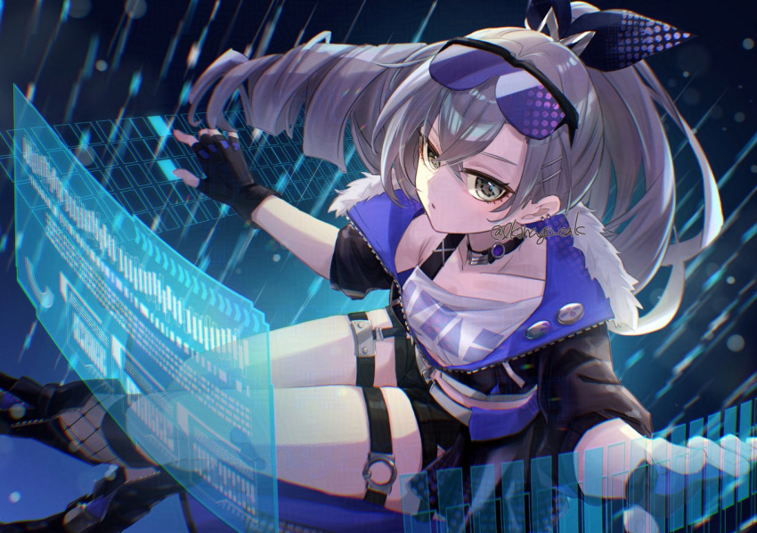 1girl, artist_name, black_gloves, black_jacket, black_shorts, commentary_request, crossed_bangs, drill_hair