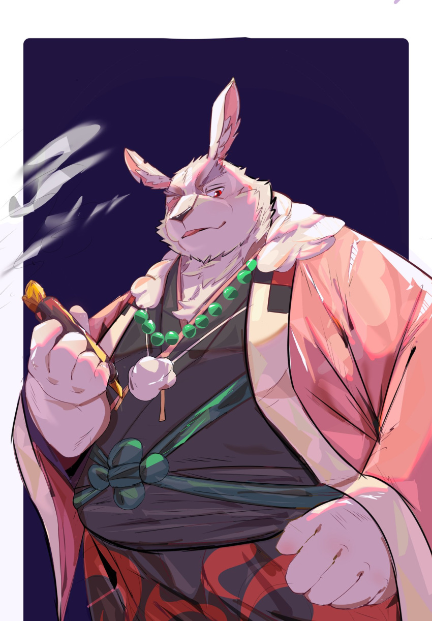 1boy, animal_ears, bead_necklace, beads, commentary, fat, furry, furry_male