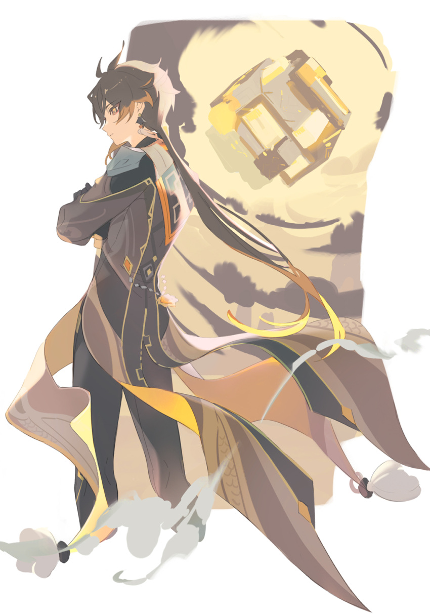 1boy, ahoge, black_gloves, black_pants, brown_background, brown_eyes, brown_hair, brown_shirt