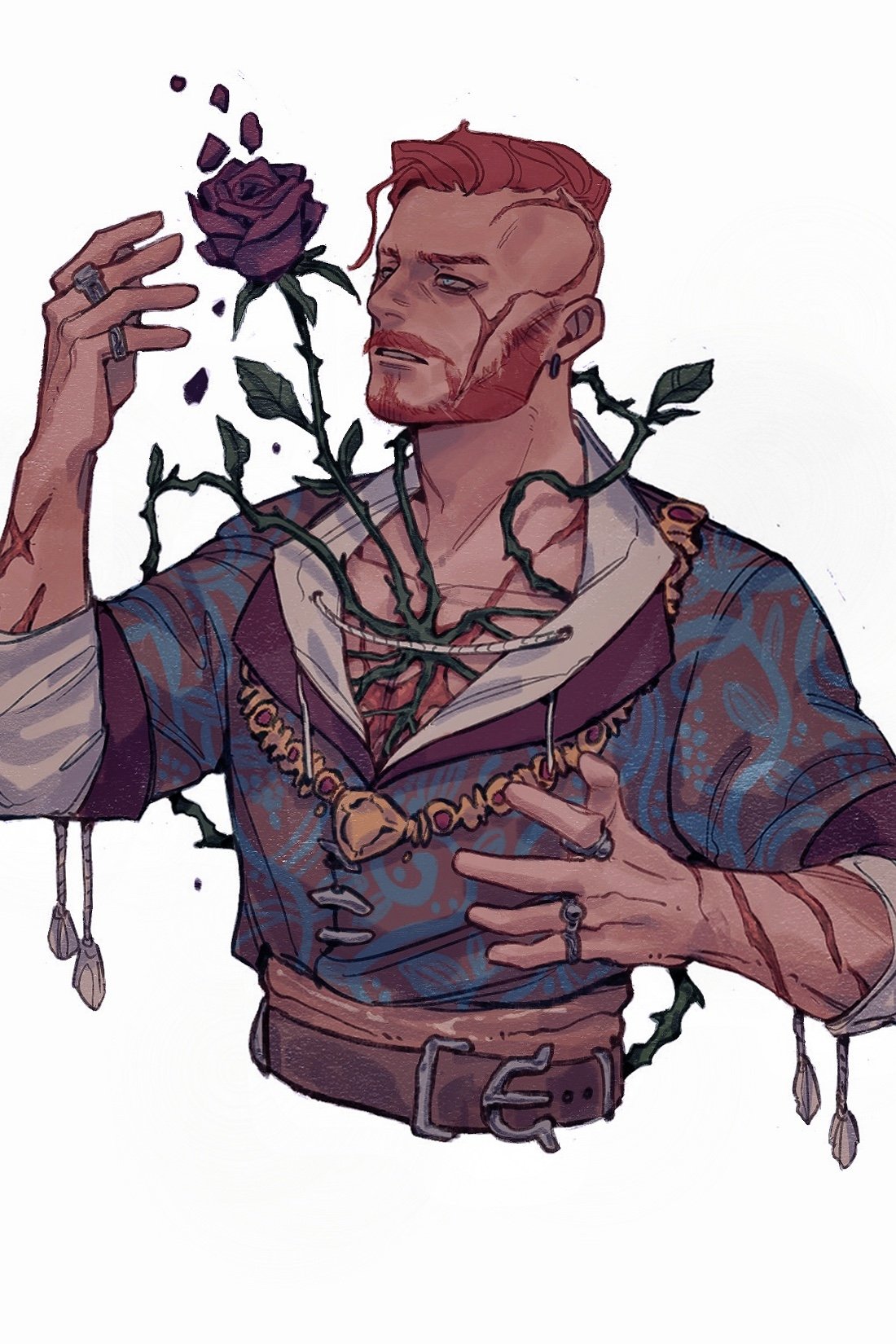 1boy, beard, belt, blue_eyes, blue_shirt, brown_belt, brown_shirt, facial_hair