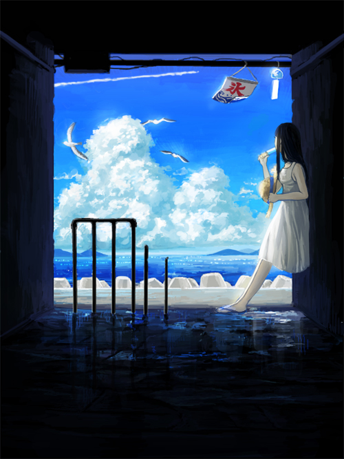 amemura, bare_shoulders, bird, black_hair, blue, blue_sky, cloud, clouds