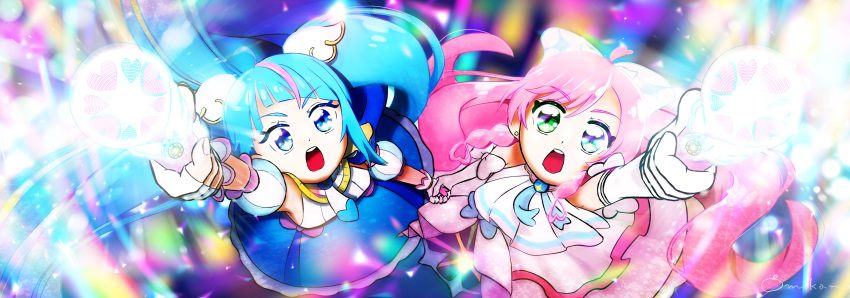 2girls, absurdres, arm_up, ascot, blue_bow, blue_cape, blue_dress, blue_eyes