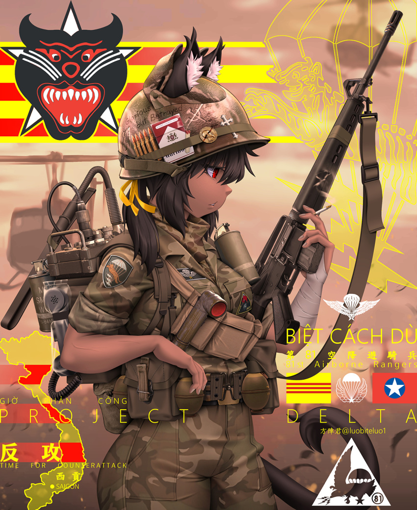 1girl, aircraft, animal_ears, assault_rifle, english_text, fang_zhenjun, gun, hammer_and_sickle