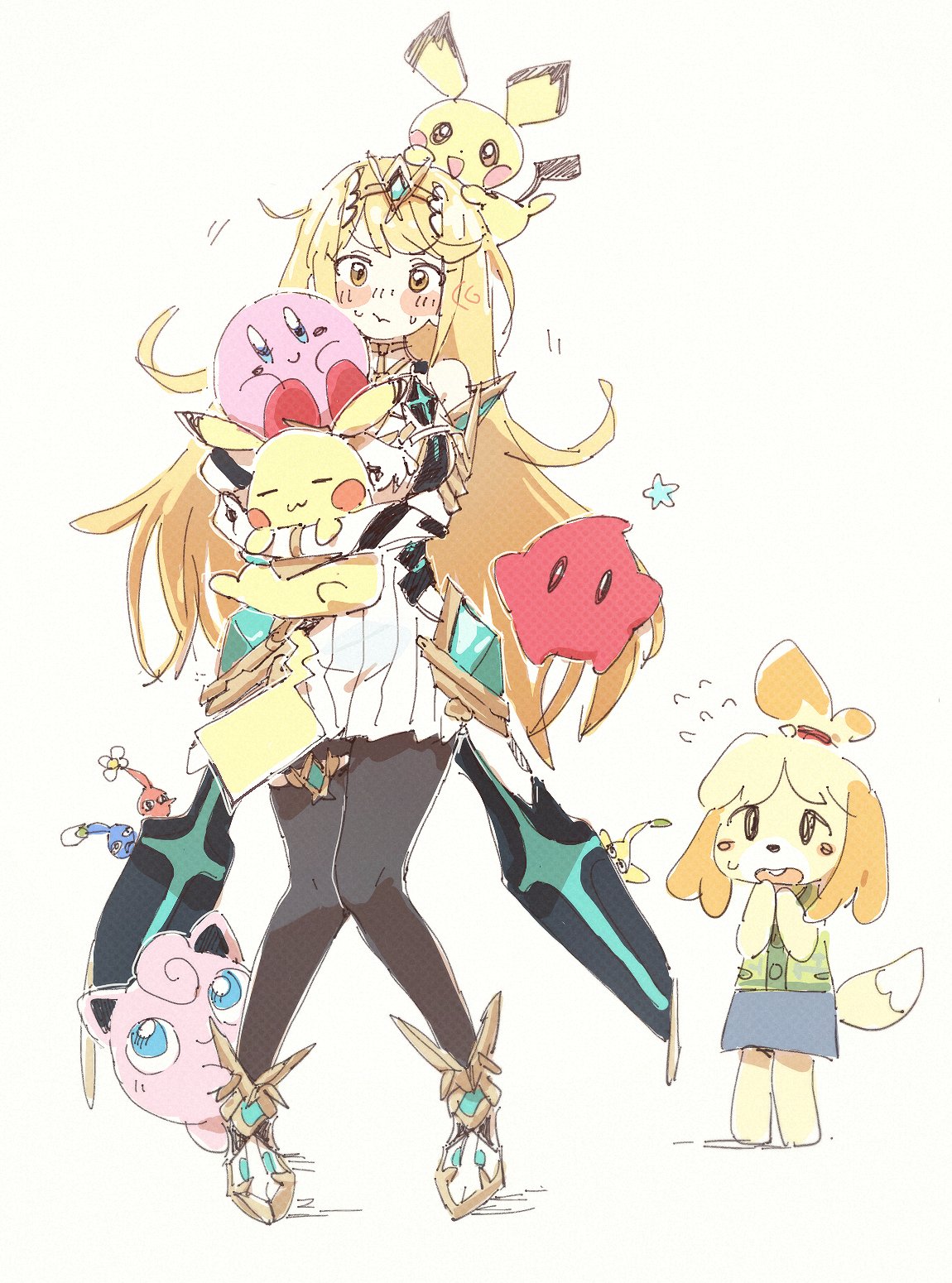 2girls, :3, :d, :t, animal_crossing, animal_ears, bare_shoulders, blonde_hair