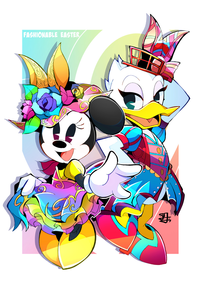 2girls, absurdres, alternate_costume, animal_ears, bow, daisy_duck, disney, dress