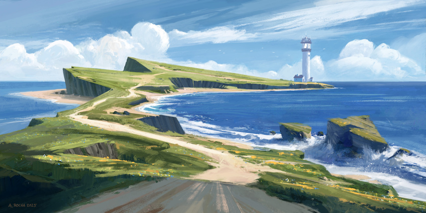andreas_rocha, artist_name, clouds, cloudy_sky, day, dirt_road, grass, highres, lighthouse, no_humans, ocean, original, outdoors, road, sky, water