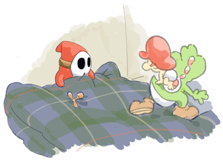 1boy, baby, baby_mario, blanket, brown_footwear, colored_skin, commentary_request, diaper, green_skin, hat, highres, lying, mario, mask, mzno32, on_back, plaid_blanket, propeller, red_hat, red_robe, robe, shy_guy, super_mario_bros., super_mario_world_2:_yoshi's_island, under_covers, white_background, yoshi
