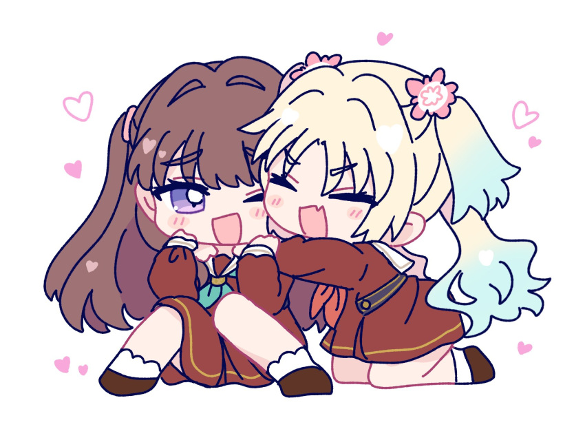 2girls, :d, ;d, aqua_neckerchief, blonde_hair, blue_hair, blush, brown_dress