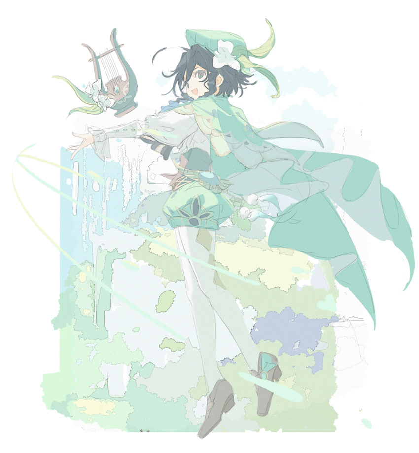 1boy, :d, ahoge, black_hair, blue_background, braided_sidelock, brown_footwear, cape