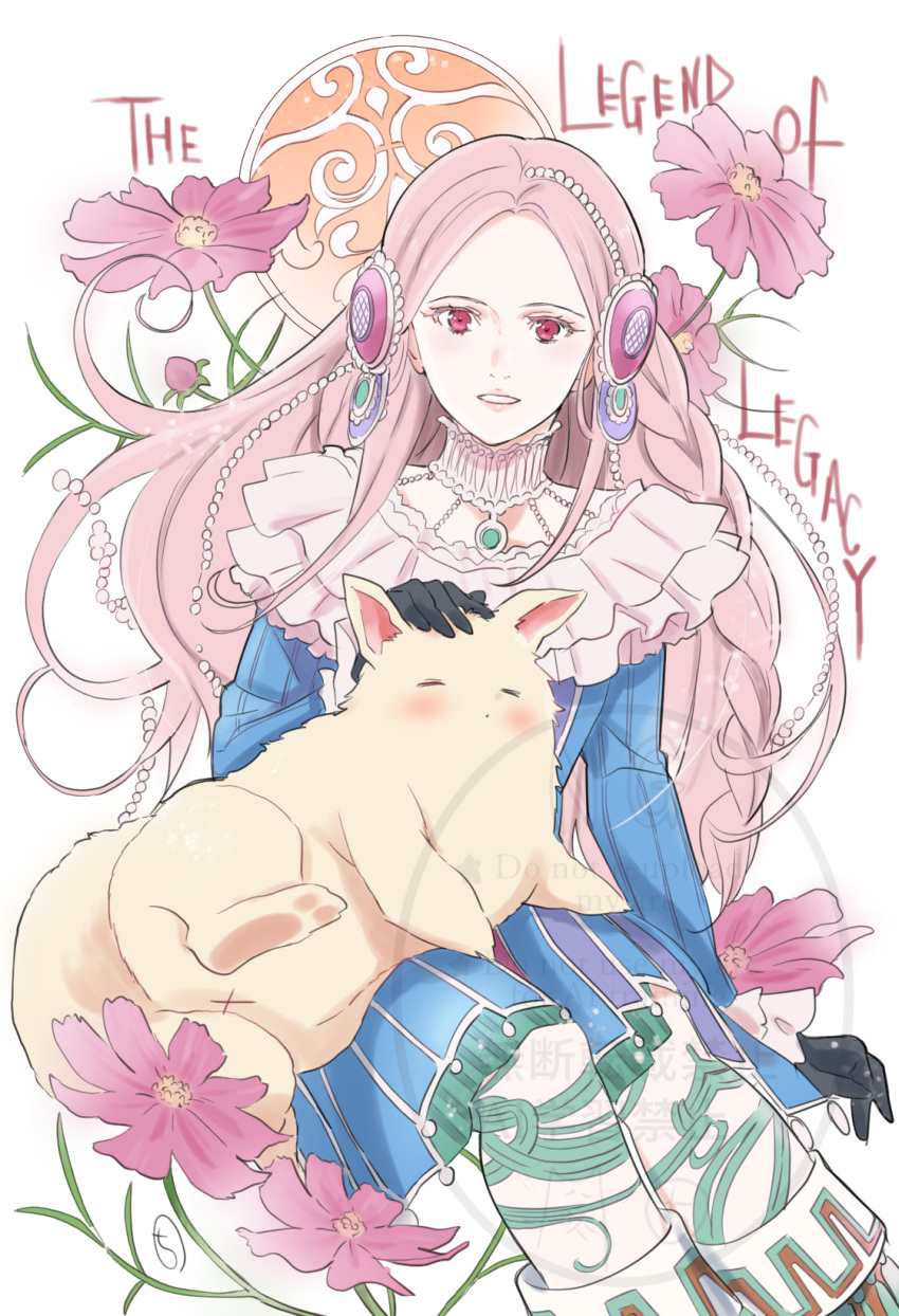 1girl, bianca_(the_legend_of_legacy), black_gloves, blue_dress, boots, dress, earmuffs, flower