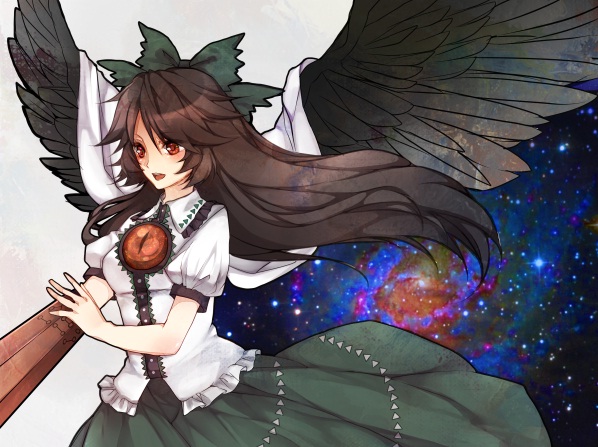 arm_cannon, bad_id, black_hair, black_wings, bow, cape, face, hair_bow