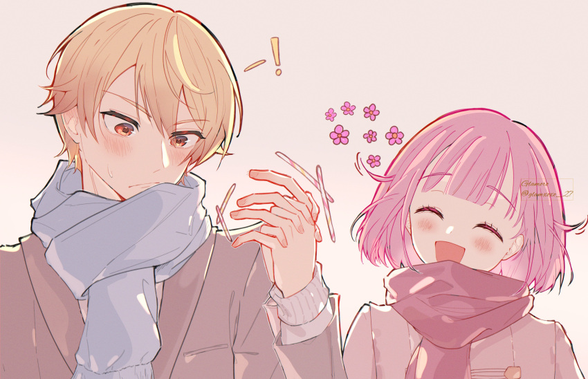 !, 1boy, 1girl, absurdres, blonde_hair, blue_scarf, blunt_bangs, blush, closed_eyes, closed_mouth, couple, flower, frown, glamoro_27, grey_background, grey_jacket, grey_sweater, hair_between_eyes, hetero, highres, holding_hands, interlocked_fingers, jacket, ootori_emu, open_mouth, orange_eyes, pink_flower, pink_hair, project_sekai, red_scarf, scarf, short_hair, smile, spoken_exclamation_mark, sweatdrop, sweater, tenma_tsukasa, twitter_username, upper_body