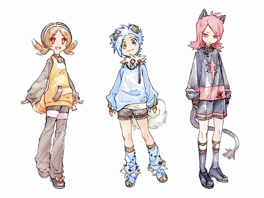 1girl, 2boys, :3, :d, alternate_color, animal_ears, black_footwear, black_shirt