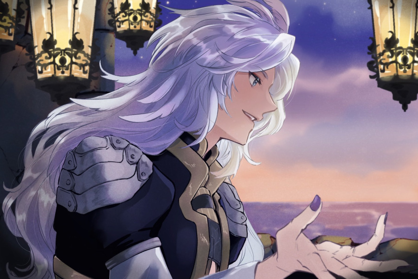 1boy, armor, bishounen, black_jacket, blue_eyes, cropped_jacket, facing_to_the_side, feather_hair_ornament