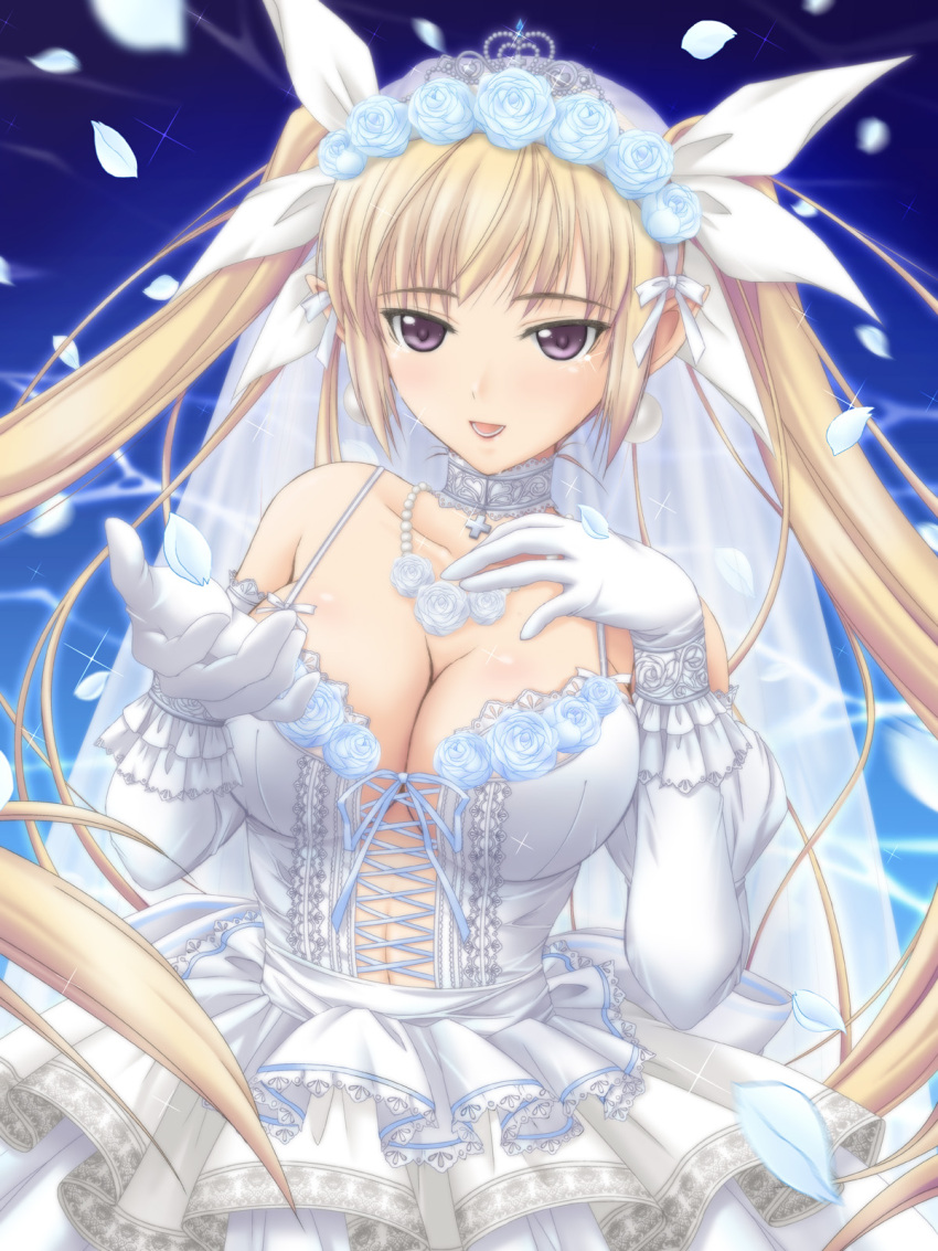 blonde_hair, breasts, bridal_veil, bride, choker, cleavage, dress, earrings, elbow_gloves, flower, gloves, hair_ribbon, highres, jewelry, large_breasts, long_hair, mistral_(shining_hearts), necklace, open_mouth, petals, pointy_ears, purple_eyes, ribbon, shining_(series), shining_hearts, solo, tiara, twintails, veil, very_long_hair, violet_eyes, wedding_dress, wedding_veil, yoshimura_kentaro