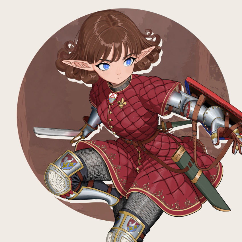 1girl, armor, blue_eyes, boagnnnnnnn, brown_hair, chainmail, commentary, dress