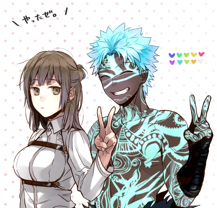 1boy, 1girl, angra_mainyu_(fate), angra_mainyu_(third_ascension)_(fate), bandaged_arm, bandages, blue_hair, breasts