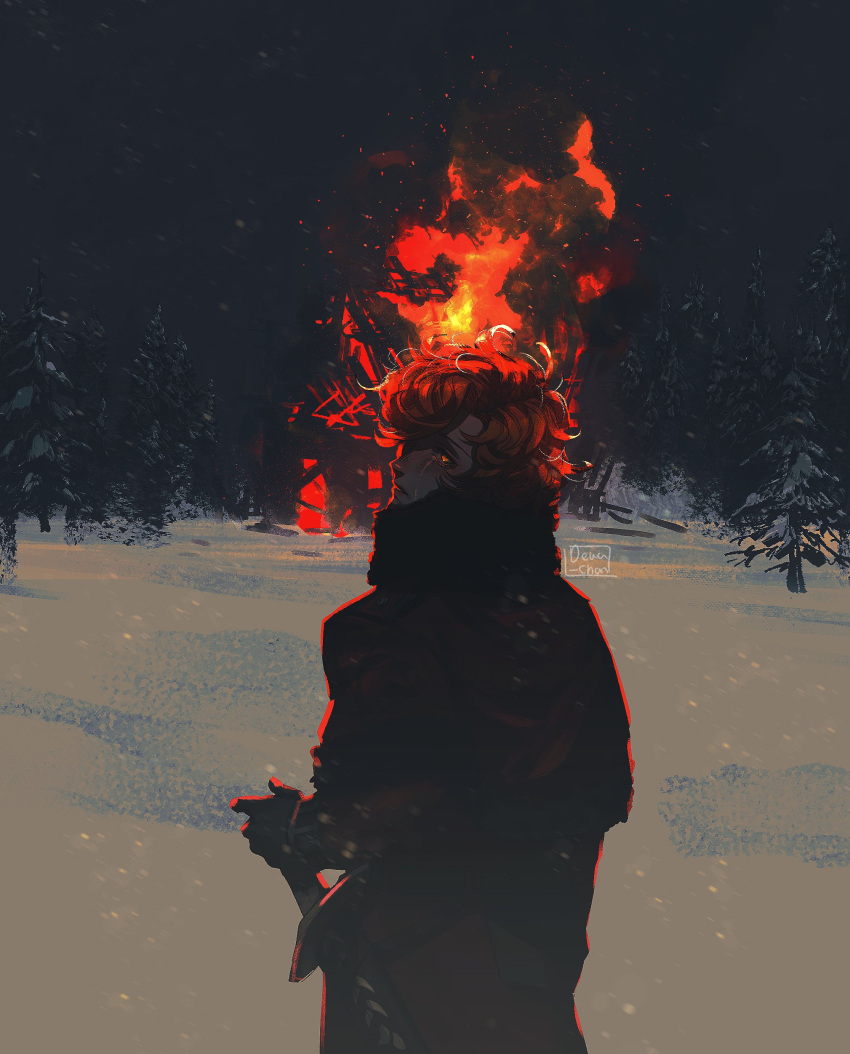 1boy, absurdres, artist_name, burning, burning_building, coat, commentary, cowboy_shot