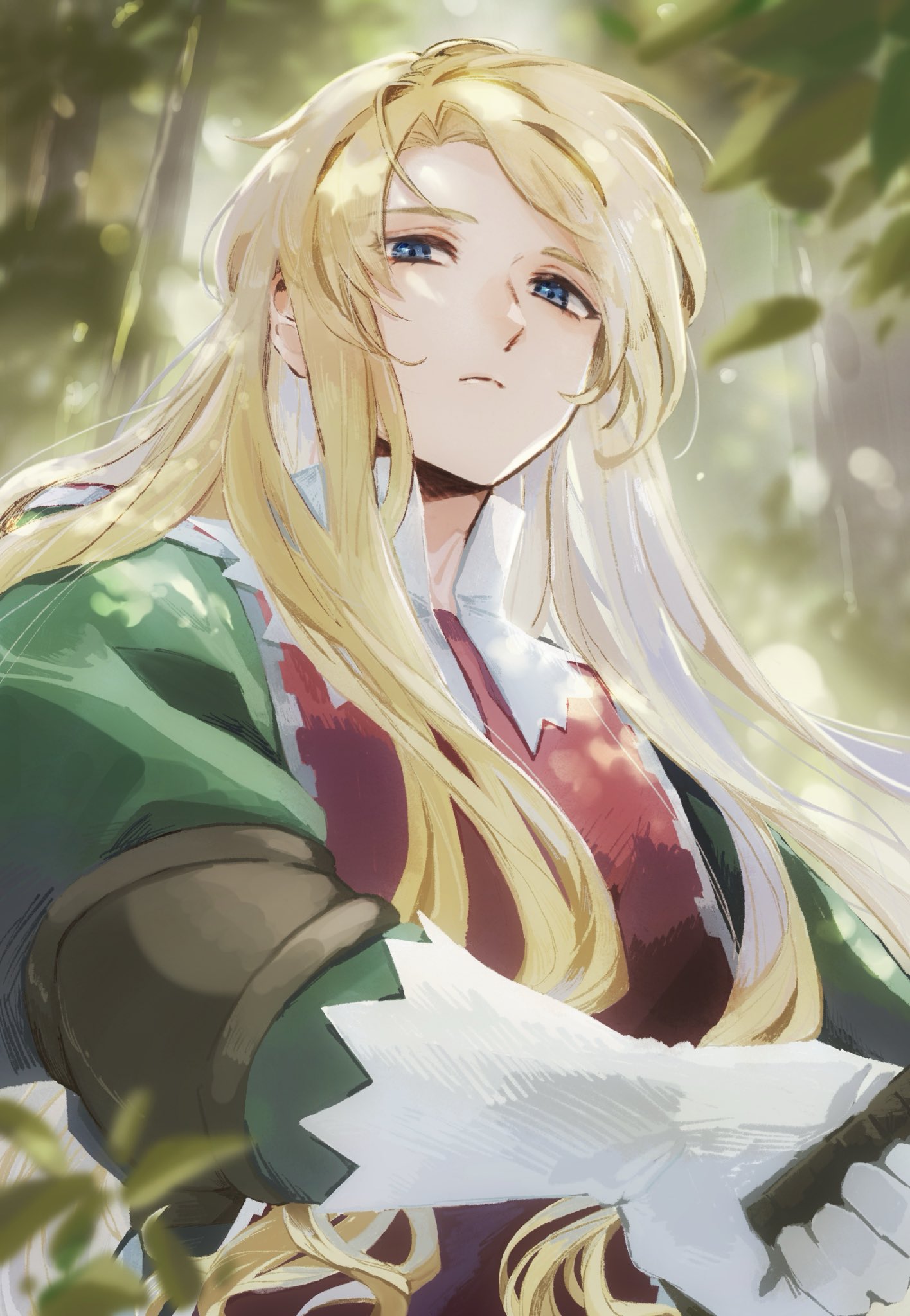 1boy, aramis_(unicorn_overlord), blonde_hair, blue_eyes, blurry, blurry_foreground, closed_mouth, elbow_pads, from_below, gloves, green_shirt, highres, long_hair, male_focus, nature, outdoors, red_tunic, shirt, sidelocks, solo, swept_bangs, tree, tunic, unicorn_overlord, upper_body, white_gloves, yoshidaaaan