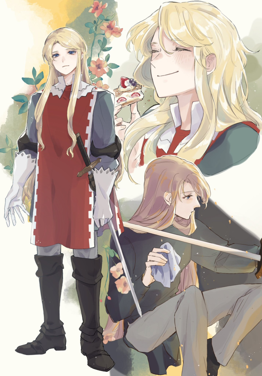 1boy, aramis_(unicorn_overlord), black_footwear, blonde_hair, blue_eyes, boots, closed_eyes, dessert, eating, flower, food, full_body, gloves, grey_pants, grey_shirt, highres, holding, holding_cloth, holding_sword, holding_weapon, light_blush, long_hair, male_focus, multiple_views, pants, parted_bangs, polishing, red_tunic, shirt, sidelocks, sitting, smile, solo, standing, sword, tunic, unicorn_overlord, upper_body, weapon, white_gloves, yoshidaaaan
