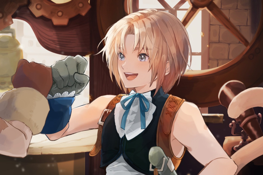 2boys, blank_(ff9), blonde_hair, blue_eyes, blue_ribbon, blue_wrist_cuffs, brick_wall, brown_gloves