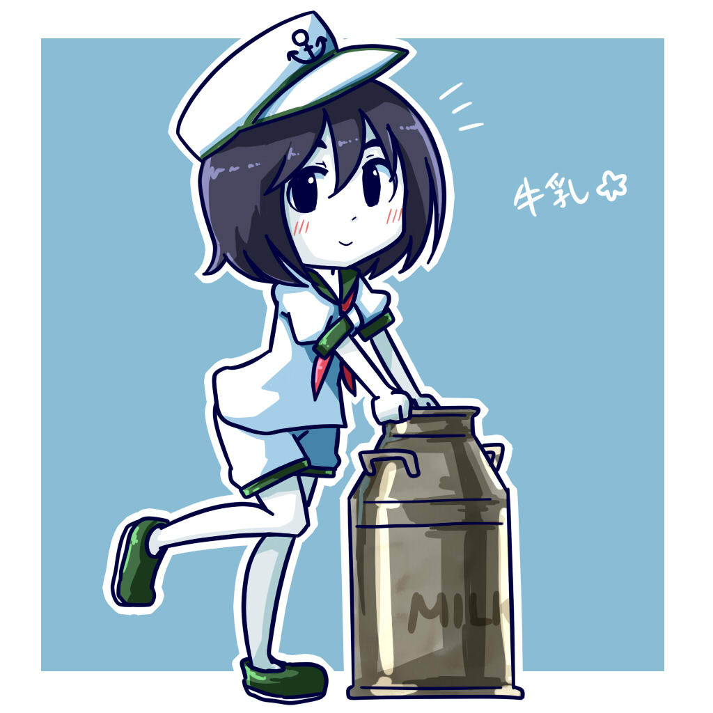 1girl, anchor_symbol, black_eyes, black_hair, blue_background, blush, closed_mouth, colored_skin
