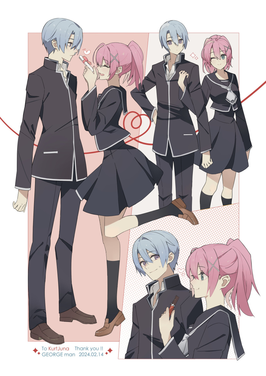 1boy, 1girl, absurdres, black_socks, blue_hair, box, closed_eyes, commission