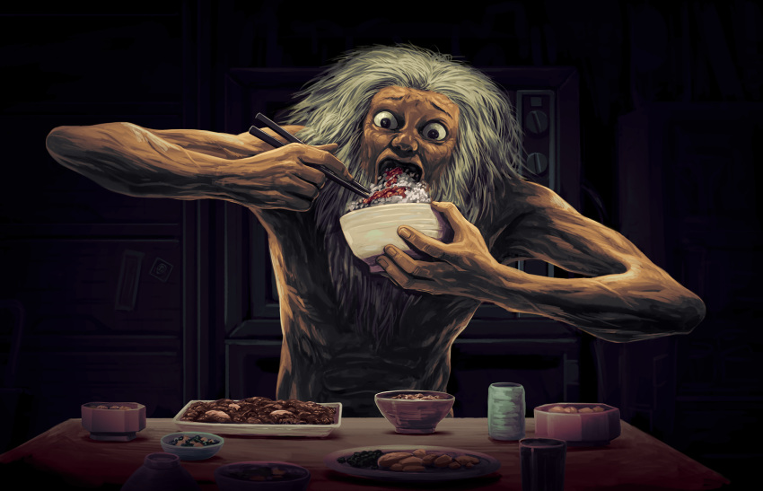 1boy, beard, black_eyes, bowl, chopsticks, commentary_request, facial_hair, fine_art_parody