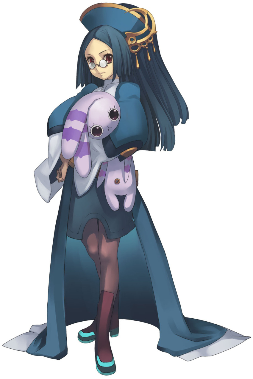 ar_tonelico_ii, blue_hair, bunny, doll, doll_hug, glasses, gust, hair_ornament, hand_on_hip, hat, highres, hips, infel, long_hair, mimimi_(ar_tonelico), nagi_ryou, object_hug, official_art, pantyhose, rabbit, red_eyes, simple_background, skirt, smile, solo, standing, stuffed_animal, stuffed_toy