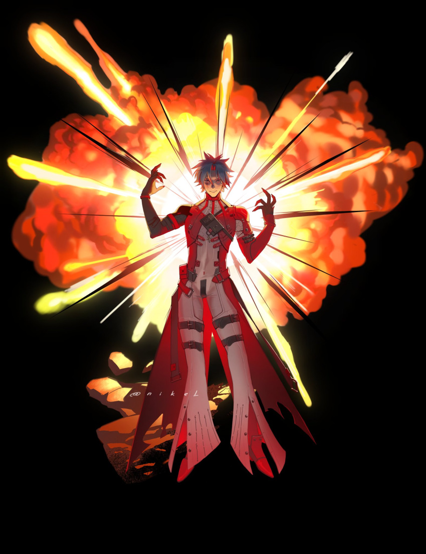 1boy, black_background, bodysuit, explosion, grey_bodysuit, grey_hair, hands_up, highres, male_focus, red_eyes, red_hair, scar, scar_(wuthering_waves), scar_across_eye, short_hair, solo, why_all_this, wuthering_waves