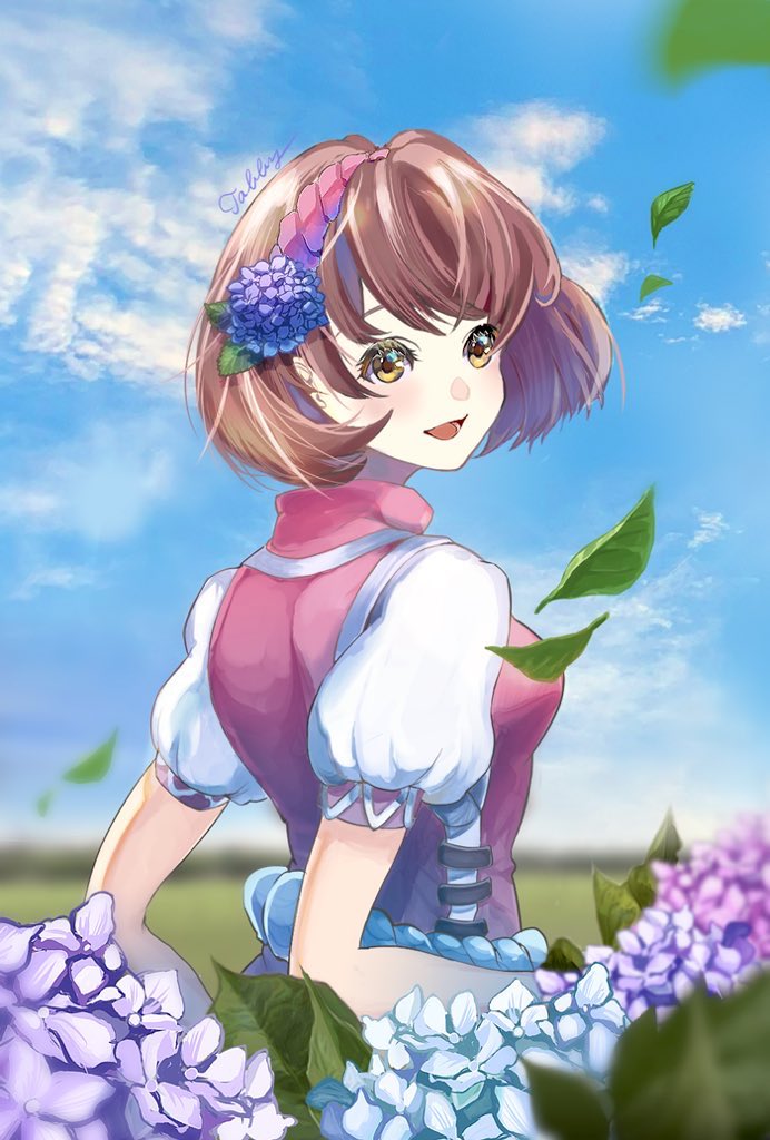 1girl, artist_name, blue_flower, blue_sky, breasts, brown_eyes, brown_hair, clouds