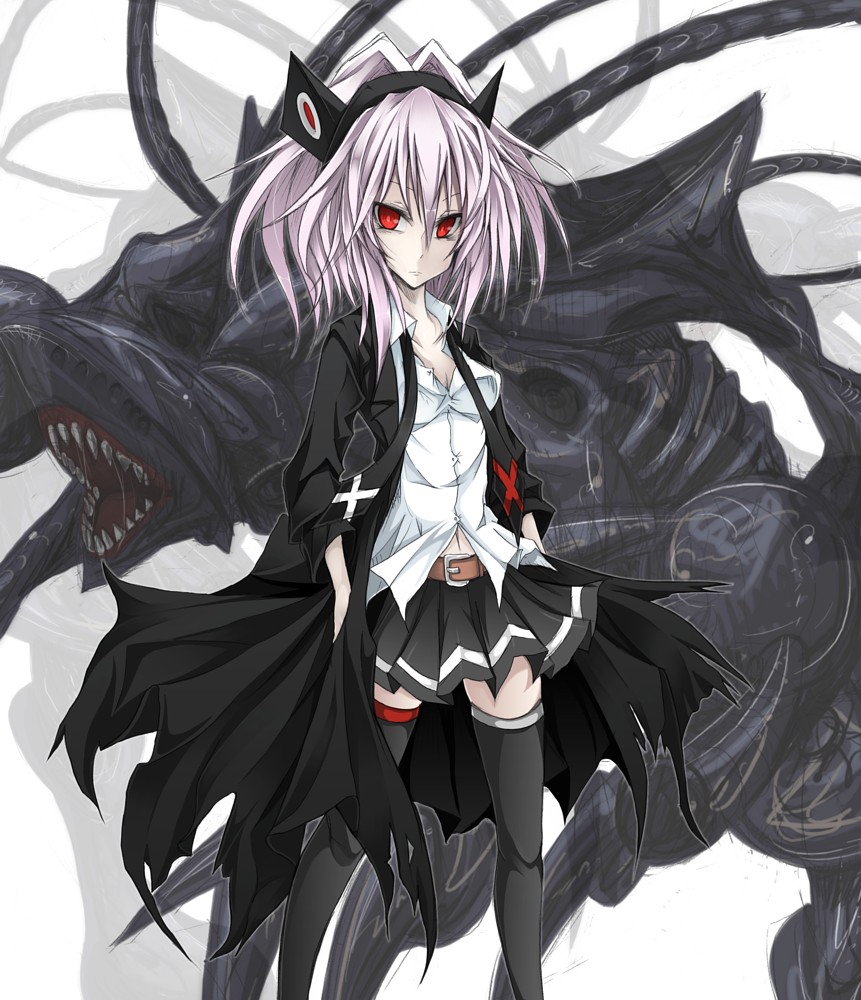 black_legwear, black_thighhighs, character_request, copyright_request, korican, monster, navel, pixiv_duel, red_eyes, short_hair, silver_hair, skirt, thigh-highs, thighhighs