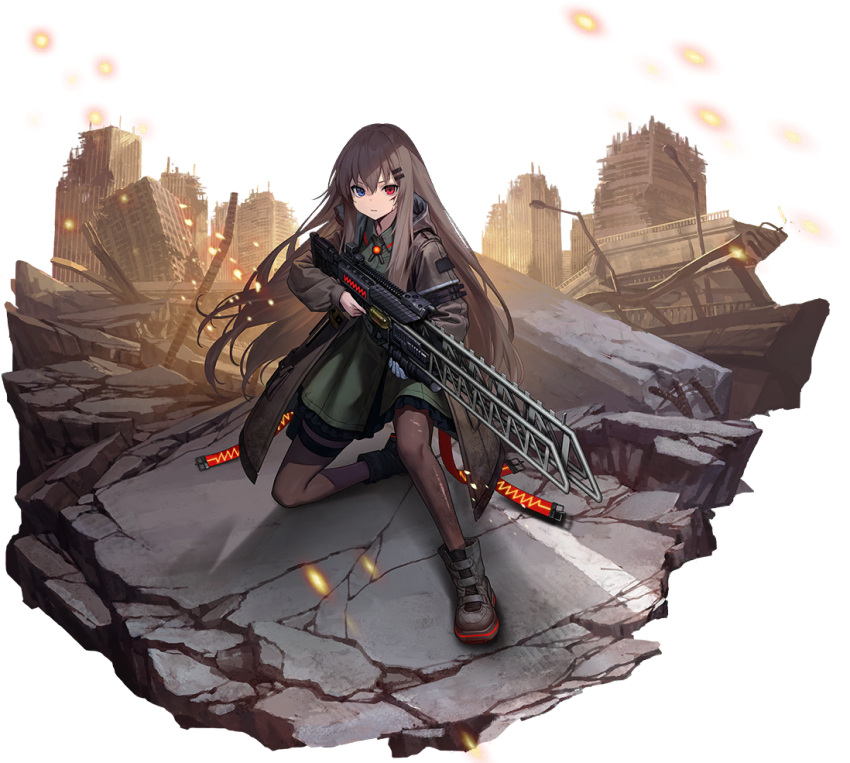 1girl, ash_arms, bad_link, belt, boots, brown_hair, fire, hair_between_eyes