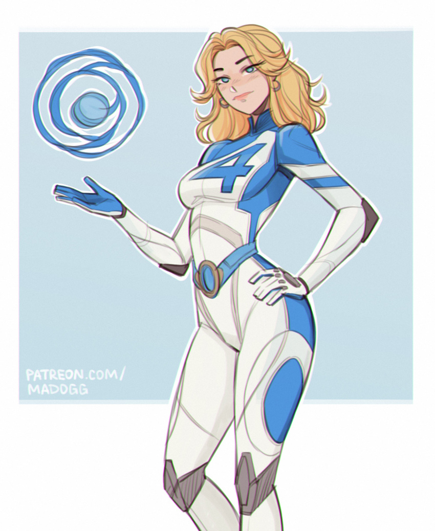 1girl, artist_name, blonde_hair, blue_bodysuit, blue_eyes, bodysuit, breasts, fantastic_four, hand_on_own_hip, highres, looking_at_viewer, madogg, marvel, marvel_rivals, patreon_username, small_breasts, solo, sue_storm, superhero_costume, two-tone_bodysuit, web_address, white_bodysuit
