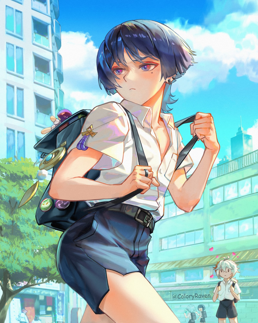 4boys, artist_name, backpack, bag, belt, black_bag, black_hair, black_shorts