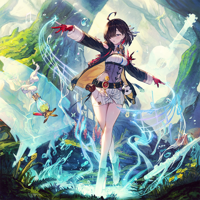 1girl, ahoge, atelier_(series), atelier_yumia, black_hair, black_jacket, flammi_(atelier), forest