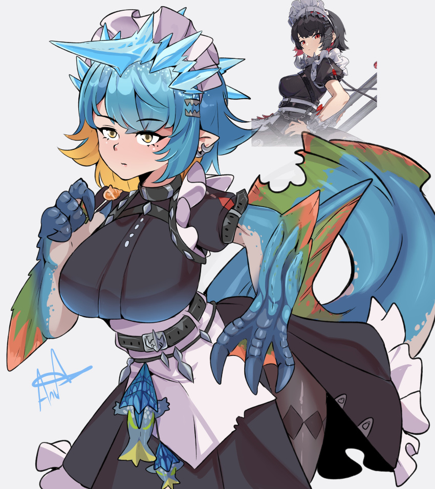 1girl, a.c._hunter, absurdres, belt, black_pantyhose, blue_hair, breasts, candy